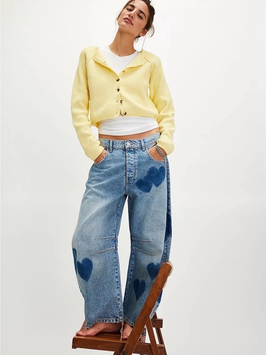 We The Free Denim - We The Free Light Blue Wide-Leg Jeans with Dark Blue Heart Patches